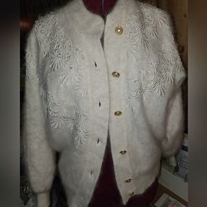 White Angora cardigan Small winter applique sweatee